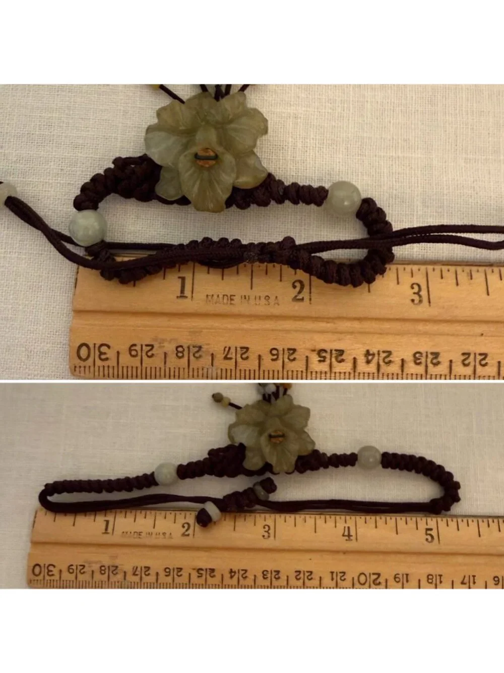 Vintage Handmade Jade Flower Macrame Bracelet Adjustable Artisan Natural Stone